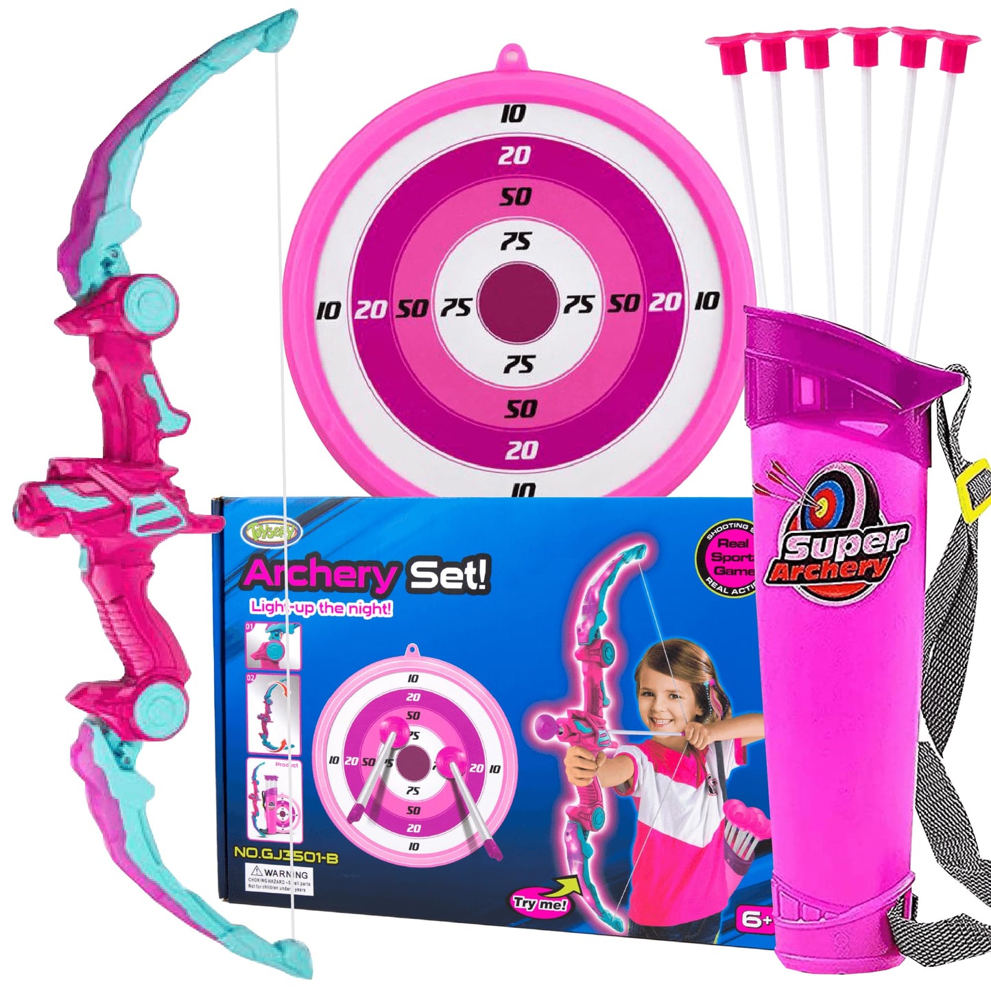 Toysery Kids Bow and Arrow Set with LED Flash Light, Toy Bow and Arrow for Kids 8-12 Years Old - Toy Bow and Arrow Set for Boys and Girls, Includes Archery Bow, 6 Archery Arrows, Target, Quiver (Pink)