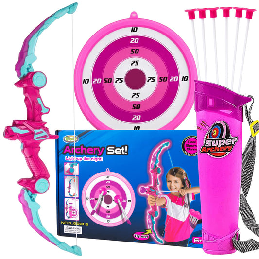 Toysery Kids Archery Set with LED Flash Lights, Toy Bow and Arrow Set for 6-8 Years Old Boys, Includes Archery Bow, 6 Archery Arrows, Target, Quiver - Great for Youth Practice (Light Pink)