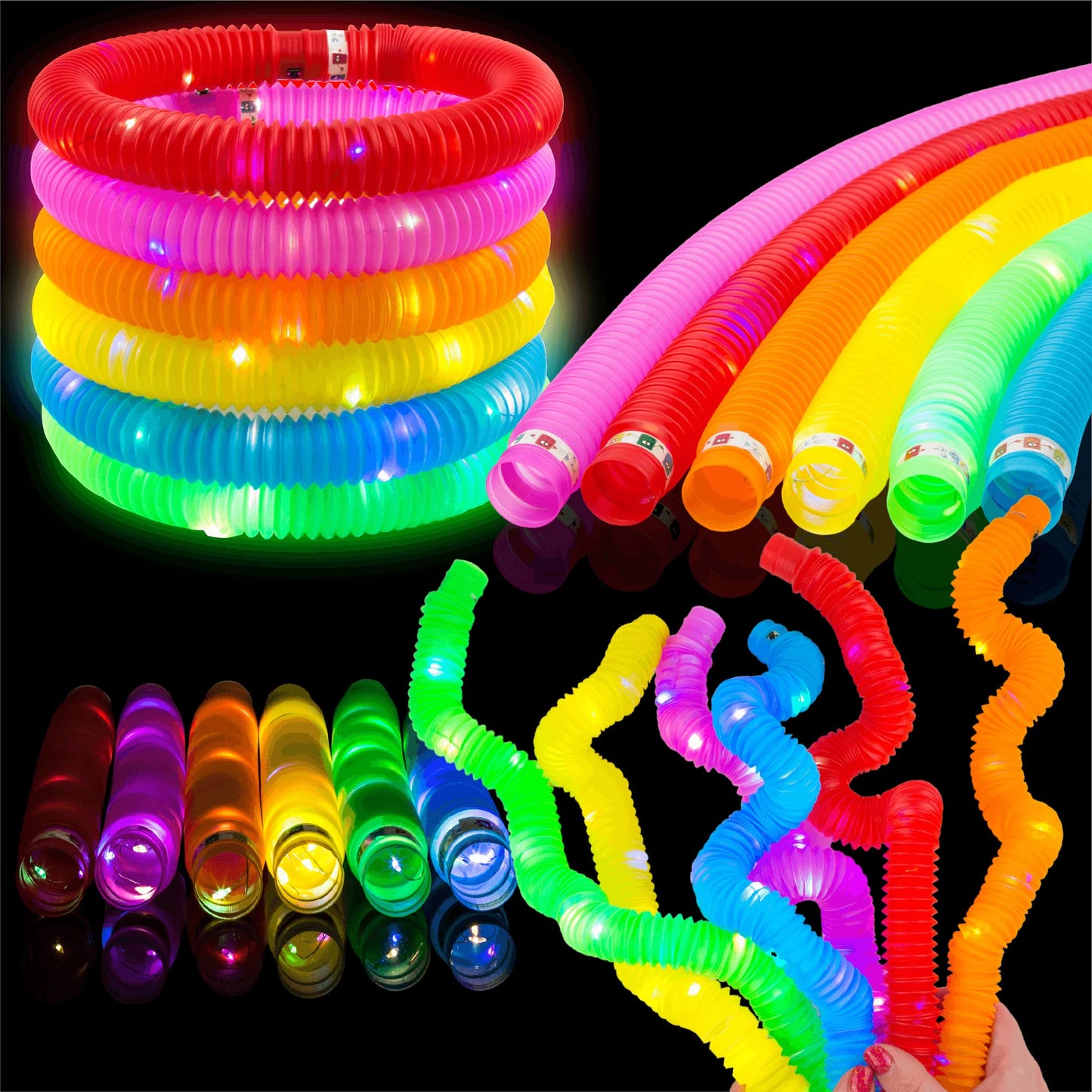 Toysery 24 Piece Light up Tubes for Kids. Glow in The Dark Tubes for Kids. Fun Stretchy Glow Tubes Toy. Light up Glow Sticks Fidget Pop Tubes