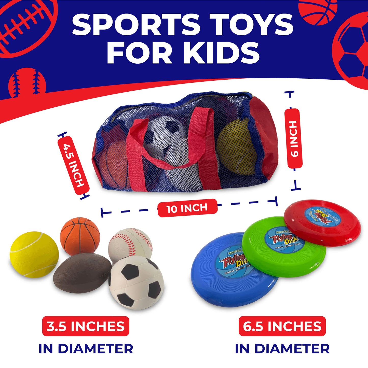 Toysery Balls Toddler Toys Set - Balls for Toddlers 1-3, Soft Balls for Kids (Football, Soccer Ball, Tennis, Basketball, Baseball, Kickball) & 3 Fresbee Discs, Complete with Carry Bag