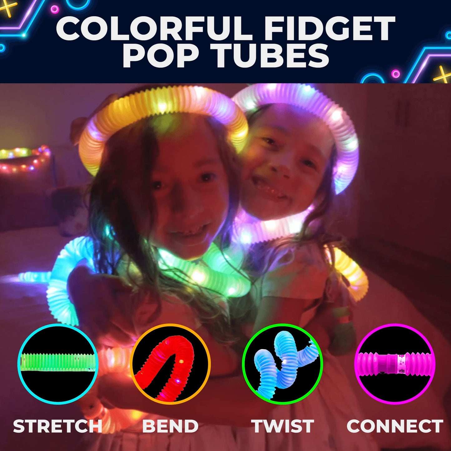 Toysery 24 Piece Light up Tubes for Kids. Glow in The Dark Tubes for Kids. Fun Stretchy Glow Tubes Toy. Light up Glow Sticks Fidget Pop Tubes