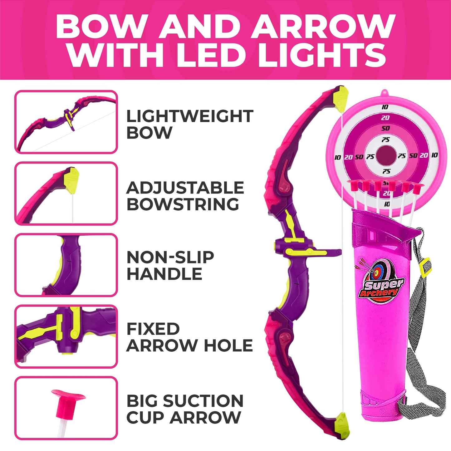 Toysery Kids Archery Set with LED Flash Lights, Toy Bow and Arrow Set for 6-8 Years Old Boys, Includes Archery Bow, 6 Archery Arrows, Target, Quiver - Great for Youth Practice (Dark Pink)