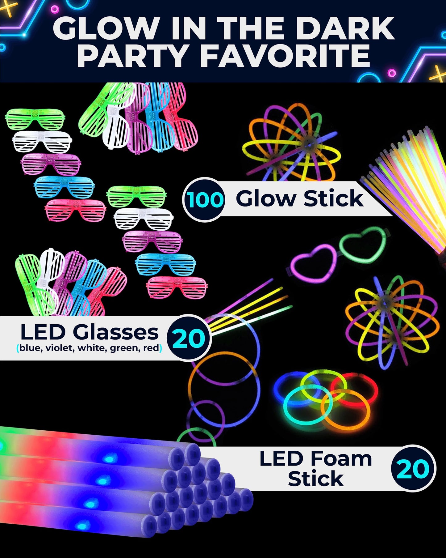 Toysery Glow In The Dark Party Supplies 140 Piece - Party Props Blacklight Party Supplies - LED Glasses, Foam Light Up Sticks, Glow Party Sticks - Neon Party Favors Hora Loca Party Supplies for Adults