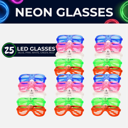 Toysery Neon LED Glasses Party, 25 Pieces Glow in the Dark Glasses, Light Up Party Supplies, Ideal Kid Party Favors, Fun Glow in the Dark Party Favors for New Years Light Up Glasses