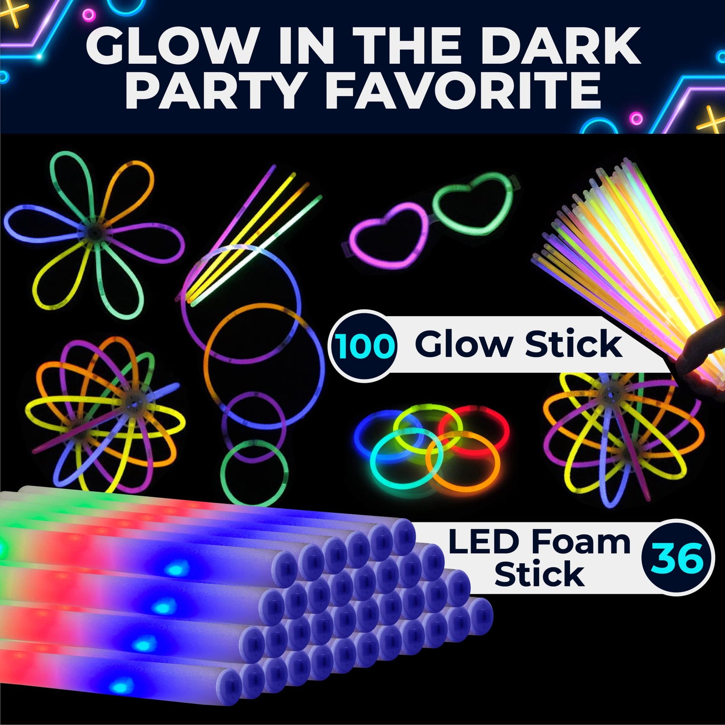 Toysery Glow Sticks Party Supplies - 36 Foam Light Sticks and 100 Neon Glow Sticks LED Light Up Party Favors and Accessories