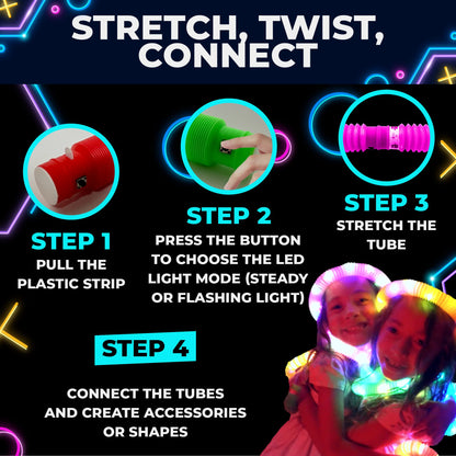 Toysery 24 Piece Light up Tubes for Kids. Glow in The Dark Tubes for Kids. Fun Stretchy Glow Tubes Toy. Light up Glow Sticks Fidget Pop Tubes