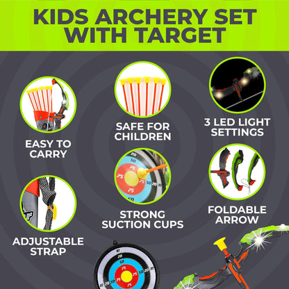 Toysery Kids Bow and Arrow Set with LED Flash Lights, Toy Bow and Arrow for Kids 8-12 Years Old - Toy Bow and Arrow Set for Boys and Girls, Includes Archery Bow, 6 Archery Arrows, Target, Quiver Green