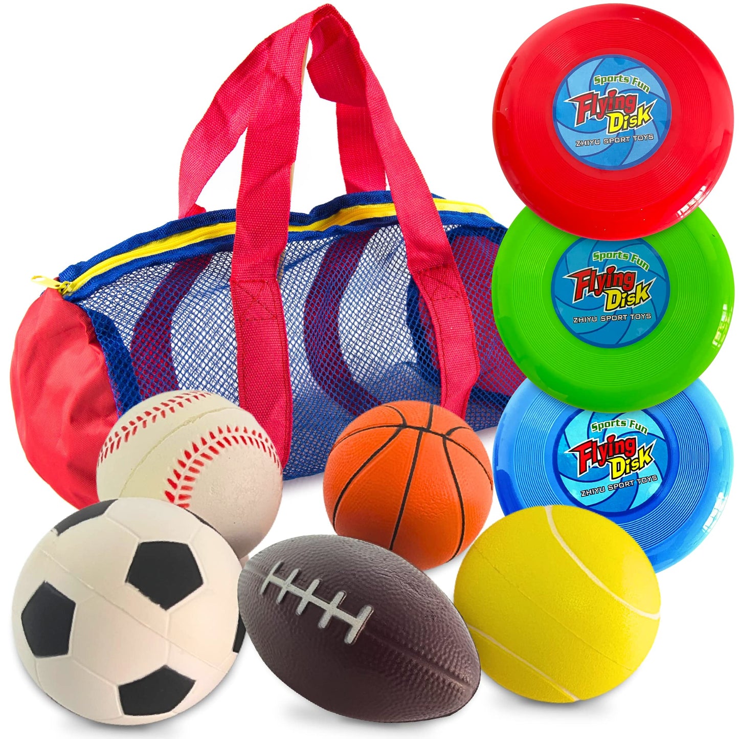 Toysery Balls Toddler Toys Set - Balls for Toddlers 1-3, Soft Balls for Kids (Football, Soccer Ball, Tennis, Basketball, Baseball, Kickball) & 3 Fresbee Discs, Complete with Carry Bag