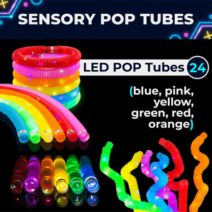 Toysery 24 Piece Light up Tubes for Kids. Glow in The Dark Tubes for Kids. Fun Stretchy Glow Tubes Toy. Light up Glow Sticks Fidget Pop Tubes