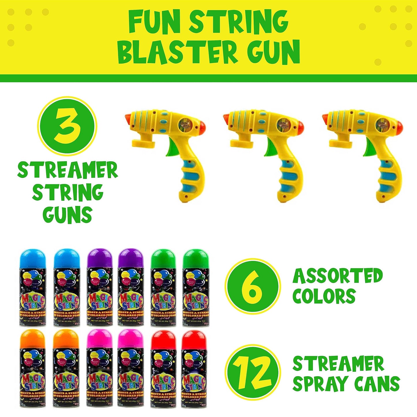 Toysery Party Streamer - Ultimate Spray String for Kids Christmas Party. Elevate Your Celebrations with Crazy String Fun! Comes with 12 Party Spray String in Can (3oz) & 3 Streamer Shooter Guns