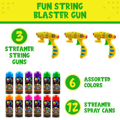 Toysery Party Streamer - Ultimate Spray String for Kids Christmas Party. Elevate Your Celebrations with Crazy String Fun! Comes with 12 Party Spray String in Can (3oz) & 3 Streamer Shooter Guns